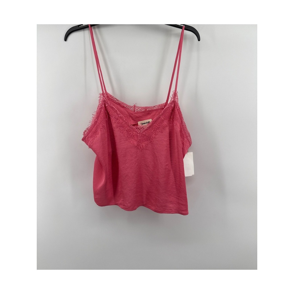 Open Edit Pink Lace Trim Camisole Top V-Neck Adjustable Straps Size L NEW